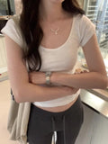 Low Round Collar Solid Color Short-Sleeved T-Shirt Women's Early Spring New U-Collar Slub Cotton Slim And Thin Bottom