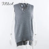 V Neck 2020 Women Split Vest Sweater Dress Sleeveless Gray Autumn Winter Loose Casual Knitted Jumper Oversized