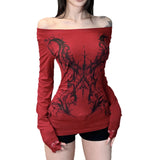 Fongt Personality Hottie Style Shoulder Dark Print T-Shirt Lace Side Long Sleeves To Dress Casual Blouse