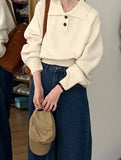 Fongt Blue Collar Long-Sleeved Knitted Bottom Shirt Women's Autumn And Winter Loose Short Sweater With Temperament Small Top