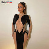 Puss Mesh Patchwork Long Sleeve Dress Sexy Stretch See Through Cleavage Turtleneck Skinny Bodycon Female Party