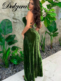 Solid Lace Up Women Strap Velvet Maxi Dress Side Slit Backless Bodycon Sexy Streetwear Party Club Evening Elegant