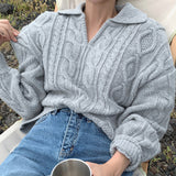 Lapel small V-neck twist knit sweater-Outfit