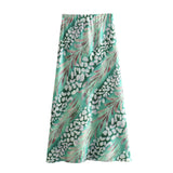 Spring Style Silk Satin Loose Shirt Printed Flute Skirt Set-Outfit