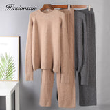 Basic Two Piece Knitted Loose Pants and O Neck Sweater Women 2021 Autumn Winter Warm Sets Female Tracksuits