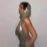 Metallic Sequins Tank Tops For Women With Headscrf Sexy Backless Hollow Out Halter Crop Top Nightclub Party