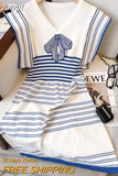 Elegant V-neck Bow Striped High Waist Slim Mini Dress Women's Spring Sleeveless Contrast Stripe Knitted Female