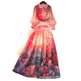 Fongt Actress High-End Printing Set Female Lantern Sleeve Buckle Shirt + High Waist Swing Half Body Skirt