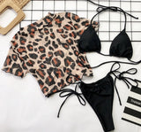 Sleeve Leopard 3 Piece Swimsuit High Cut Push Up Padded Bikini Female Bathers Sports Bathing Suit Thong Swimwear
