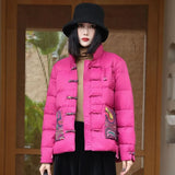 Chinese Wind Short Down Jacket Female Winter New Plate Buckle National Wind Printing Warm White Duck Down Warm Coat Large Size-Outfit