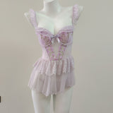 Fongt New Mesh Yarn Flower Sweet Embroidered Pyjamas With Chest Cushions Dyed Skinny Pyjamas Dress