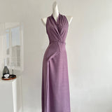 Fongt Femininity Purple V-Necked Neck Dress Female Design Feel Belt Strap Vest Skirt
