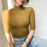 Women Half Turtleneck Slim Half Sleeve T Shirts Lady Threaded Fabric Elegant Stretchy Tops Tees Female Basic Sheath T-Shirt-Outfit