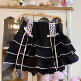 Kawaii Lolita Style Pleated Skirts Women High Waist Pink Bandage Fairy Y2k Aesthetic Skirt Cute Faldas Mujer Moda 2023-Outfit
