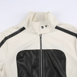 Color Block Zipper Faux Leather Moto Jacket-Outfit