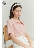 Polo Collar Women's T-shirt Loose Short-sleeved Knitted Sweater Office Lady Commute Solid Color Female Tops Summer