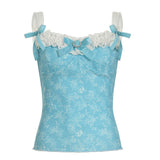 Fongt Age-Reduce Lace Bow Spliced Sling Vest Collar Print Blue Collar Knitted Shirt Top