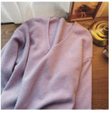Autumn And Winter New Large Version Of Korean V-Collar Solid Color Lazy Breeze Loose Sweater Blouse-Outfit