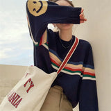 Fongt Stripe Smiling Face Long Sleeve Sweater Female Autumn Dong New Style Retro Lazy Wind Loose Head Round Collar Knit Top-Outfit