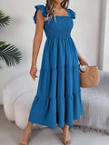 Shooting 2025 Summer Solid Color Square Lead Wood Ear Waist A Word Dress Women's