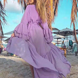 Loose Female Swimming Cover Up Tops Oversized Solid Long Sleeve Beachwear Veil Dress Women Maxi Ruffle Patchwork