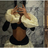 Black Crop Top Puff And Pleated Hem Mini Skirt Set-Outfit