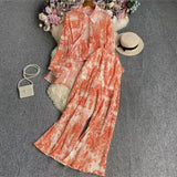 Fongt Suit Female Korean Version Of The Lantern Sleeves Loose Single-Chamed Dizzled Dyed Printed Shirt Three Sets Of High-Rise Broad-Legged Trousers