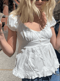 Puff Sleeve Buttoned Ruffle Blouse-Outfit