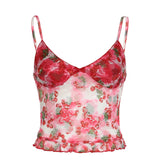 Girl Style Cherry Net Halo Dyed Lace Sling V-Collar Sexual Dew Back Lotus Leaf Hem Outer Vest-Outfit
