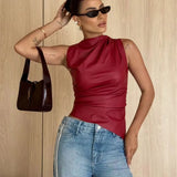 Fongt Women's 2024 Leather Collar Personality Waist Oblique Sleeveless Top Women's Vest-Outfit
