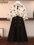 Women French Vintage Floral Print Patchwork Dresses Office Ladies Summer Double Breasted A-line Vestidos De