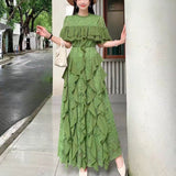 Fongt Women's Summer Design Sensing Splicing Round Collar Horn Sleeves To Close The Waist Thin Lace Lotus Side Dress