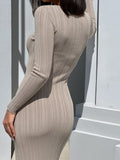 Fongt Sexy Elegant Dress Solid Color Long Sleeve Round Neck Wrap Hip Long Skirt Women's