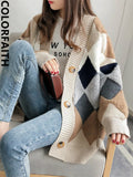 2022 Plaid Chic Cardigans Button Puff Sleeve Checkered Oversized Women's Sweaters Winter Spring Sweater Tops