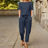 Women Summer Solid Matching Set Half Sleeve O-Neck Oversize Thin Blouse Wide Leg Pant Femme Holiday Elastic Vintage