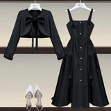 Women Spring Dresses Sets French Vintage Long Sleeve Bow Bandage Short Coat And Straps Vest Dress Two Pieces