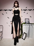 Dark Grunge Bandage High Split Sexy Midi Skirts Mall Gothic Techwear Irregular Eyelet Long Skirt For Women Black