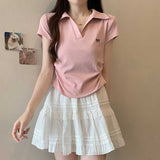 Embroidered Bow Polo Collar Short Sleeve Tee-Outfit