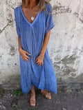Fongt New Leisure Spring And Summer Loose Skirt Short-Sleeved V-Neck Solid Cotton Dress