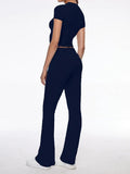 Short Sleeve Cropped Top Fold-over Flare Pants Set-Outfit