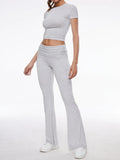 Short Sleeve Cropped Top Fold-over Flare Pants Set-Outfit