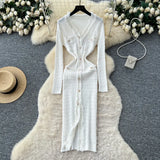 Fongt Small Fragrant Style High-Level Sense V-Neck Metal Buckle Waist Knitted Dress Women Autumn Body Fork Long Dress