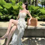 Fongt Dress Vertical Cut Irregular Level Sense Flounce Sexy Halter Dress-Outfit