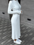 Fongt Spring Knitting Bottom Long Sleeve Long Dress Women's Round Neck Solid Color Strap High Waist Tight