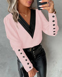 Wise Popular Autumn Fashion V-Neck Solid Color Long Sleeve Button Women's Shirt-Outfit