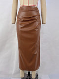 Fongt Women's 2024 New Solid Color PU High Waist Pleated Slit Skirt Women's Skirt-Outfit