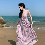 Purple Collar Sling Dress Female Summer Seaside Vacation Gentle Wind Dew Back Tea Break Fairy Long Skirt-Outfit