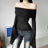 Fongt Summer Women's Solid Color Slim Fashion Temperament A Word Collar Sexy Back Long-Sleeved T-Shirt-Outfit