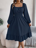 Spring And Summer Leisure Solid Color Collar Long Sleeves To Close The Waist Lotus Leaf Side A Dress Women's