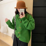 Fongt Horn Button Solid Color Sweater Coat Women's Winter 2024 New Loose Lazy Wind Hoodie Knit Cardigan-Outfit
